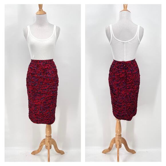 RAUL BLANCO Vintage 80s Silk Pencil Skirt 12 Red Multi Scrunch Ruched Printed - Picture 1 of 15